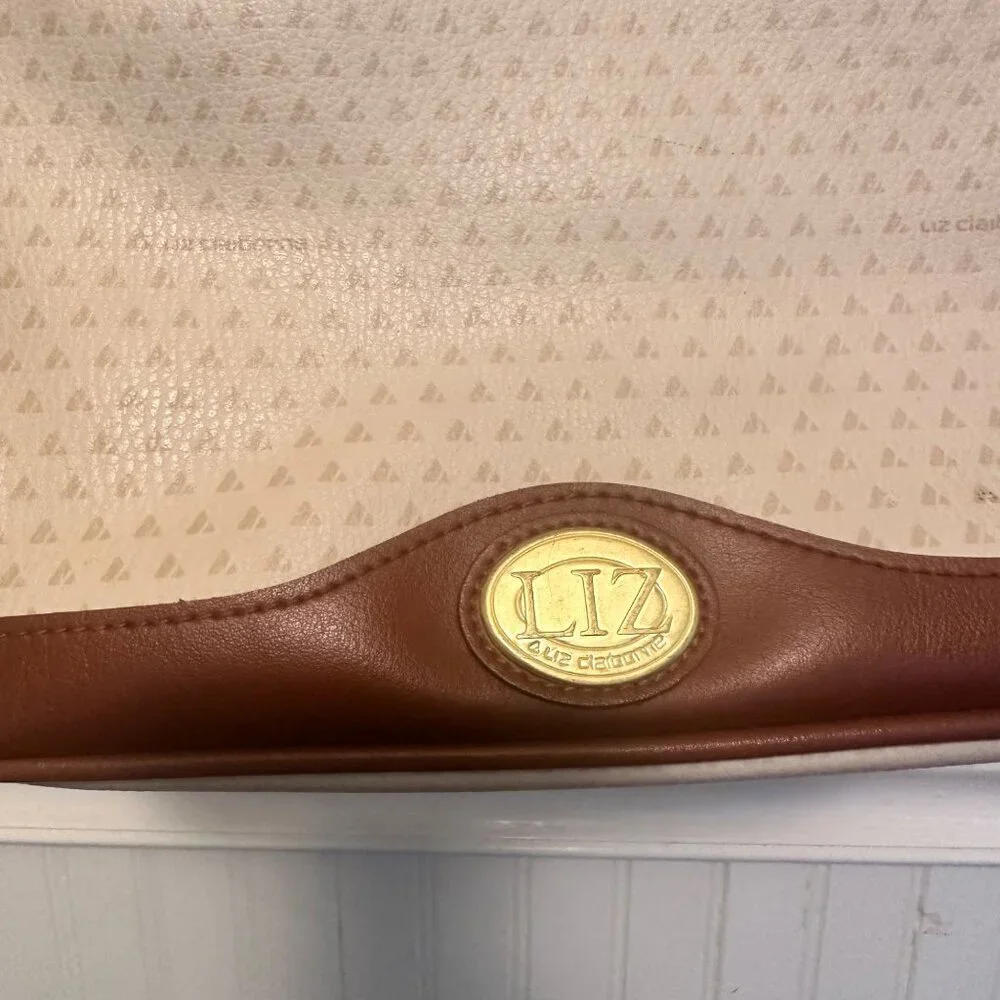 Liz Claiborne Vintage 90s Handbag Cream Brown Leather logo print rare - Picture 5 of 5
